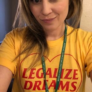 Top Knot Goods “Legalize Dreams” yellow t-shirt with red graphic print design S